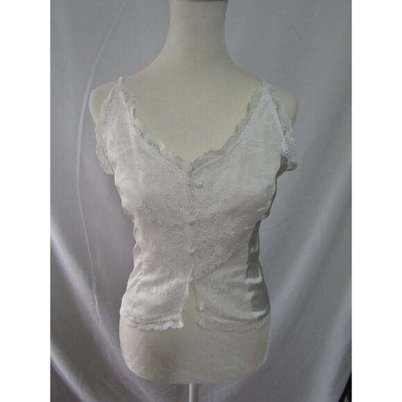 Women’s White Satin Lace Camisole Top Medium Button Front Spaghetti Strap Fairy - Picture 1 of 6